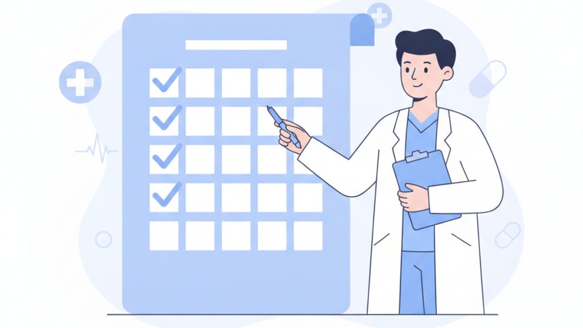 병원 보도자료 의료법 체크리스트 확인하는 의료진 일러스트