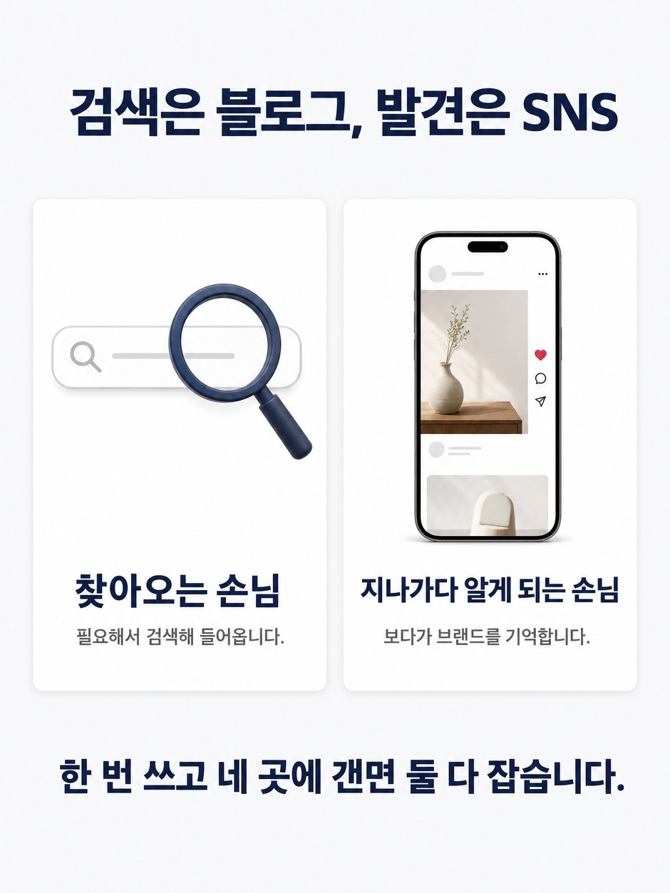 검색은 블로그, 발견은 SNS. 필요해서 검색해 들어오는 손님과 보다가 브랜드를 기억하는 손님을 비교하고, 한 번 쓰고 네 곳에 걸면 둘 다 잡는다고 설명합니다.